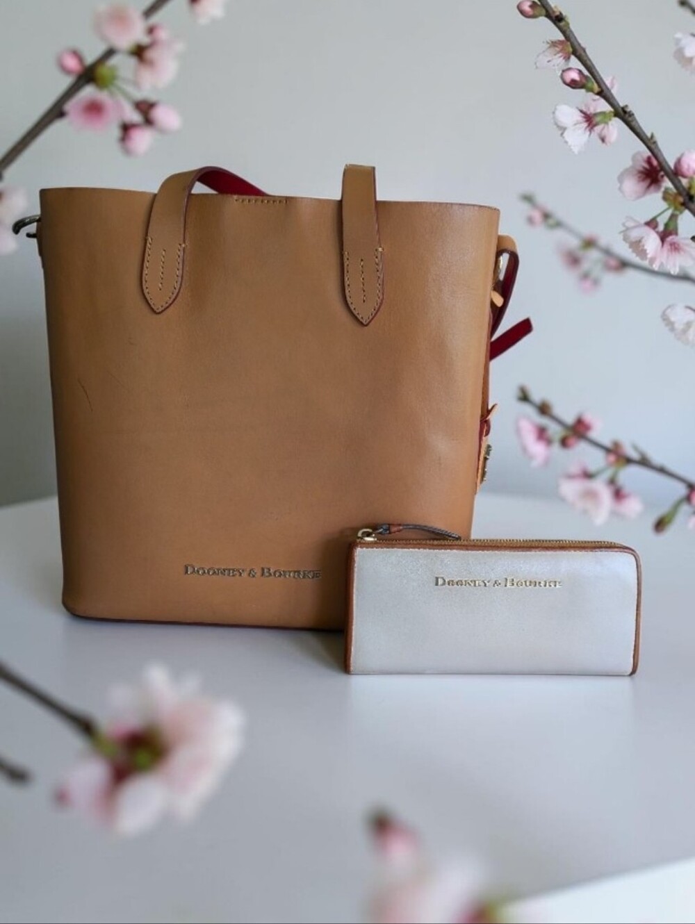Dooney & Bourke Tan Leather Tote with White Wallet and Red Interior Accents